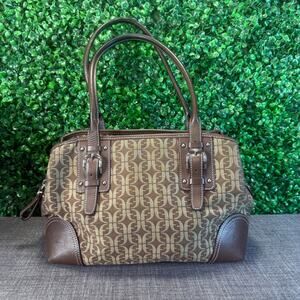 Womens Fossil Brown Signature Fabric Leather Shoulder Handbag Satchel Bag Purse